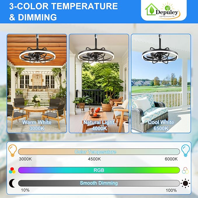 20" Outdoor Ceiling Fan with Light: RGB Waterproof Gazebo Hanging Fan with Remote App Control - Dimmable Plug in Caged