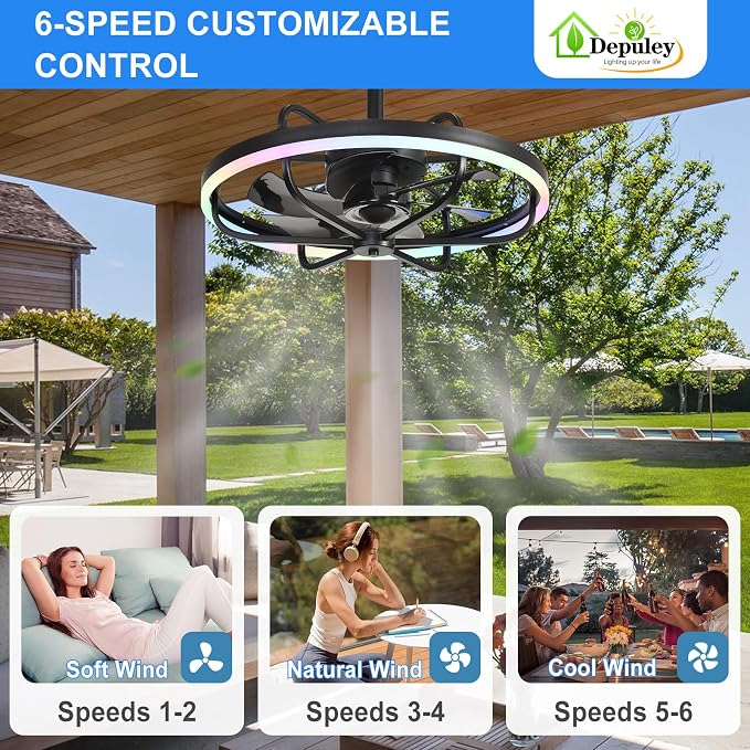 20" Outdoor Ceiling Fan with Light: RGB Waterproof Gazebo Hanging Fan with Remote App Control - Dimmable Plug in Caged