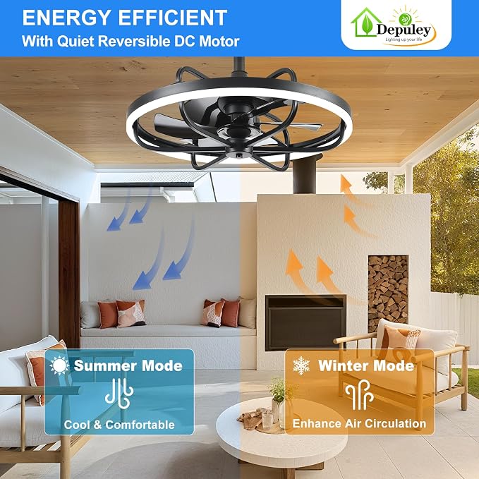 20" Outdoor Ceiling Fan with Light: RGB Waterproof Gazebo Hanging Fan with Remote App Control - Dimmable Plug in Caged