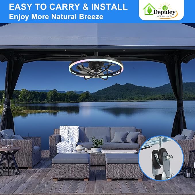 20" Outdoor Ceiling Fan with Light: RGB Waterproof Gazebo Hanging Fan with Remote App Control - Dimmable Plug in Caged