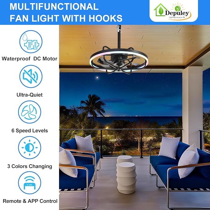20" Outdoor Ceiling Fan with Light: RGB Waterproof Gazebo Hanging Fan with Remote App Control - Dimmable Plug in Caged