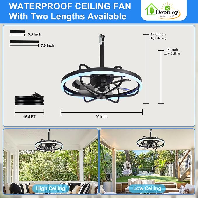 20" Outdoor Ceiling Fan with Light: RGB Waterproof Gazebo Hanging Fan with Remote App Control - Dimmable Plug in Caged
