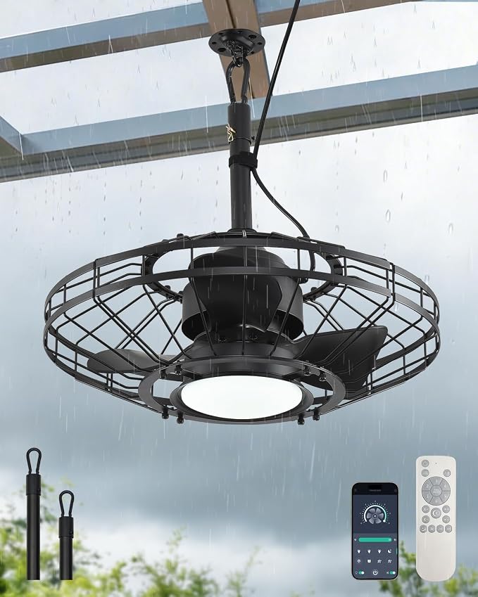 20" Outdoor Ceiling Fan with Light,Waterproof Gazebo Fan with Hanging Hook,6-Speed Reversible Motor,Memory 3CCT,Plug-in Caged