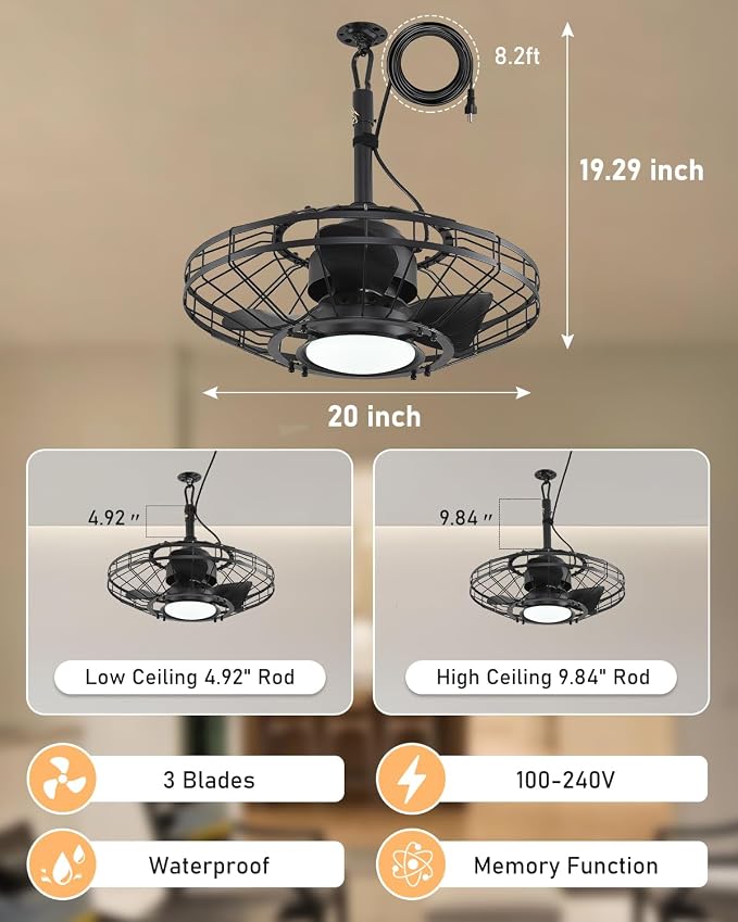 20" Outdoor Ceiling Fan with Light,Waterproof Gazebo Fan with Hanging Hook,6-Speed Reversible Motor,Memory 3CCT,Plug-in Caged