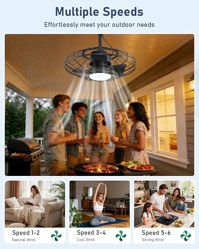 20" Outdoor Ceiling Fan with Light,Waterproof Gazebo Fan with Hanging Hook,6-Speed Reversible Motor,Memory 3CCT,Plug-in Caged
