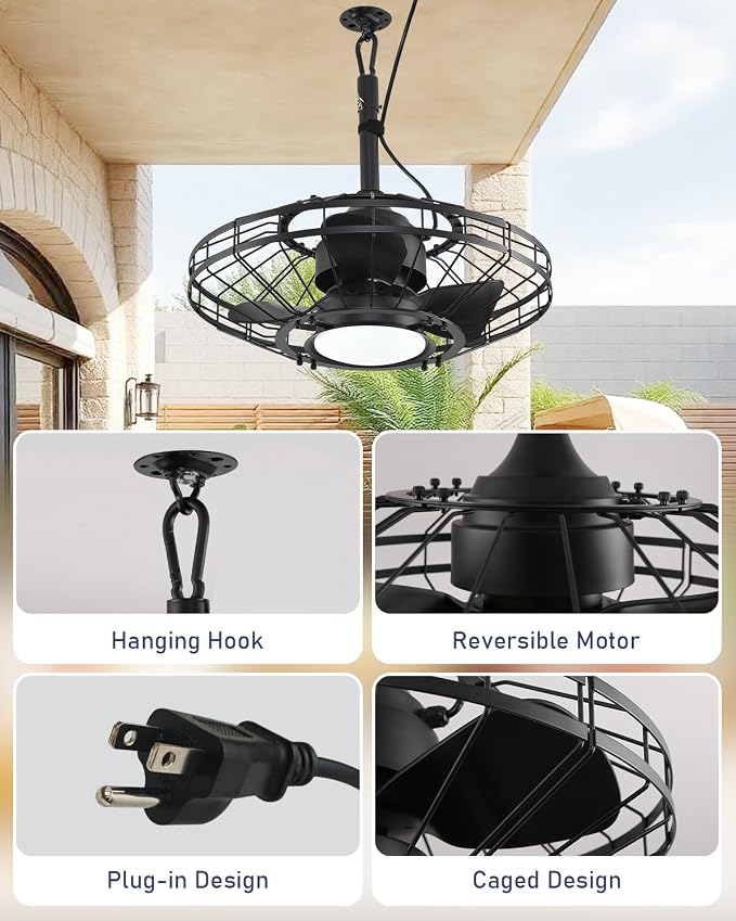 20" Outdoor Ceiling Fan with Light,Waterproof Gazebo Fan with Hanging Hook,6-Speed Reversible Motor,Memory 3CCT,Plug-in Caged