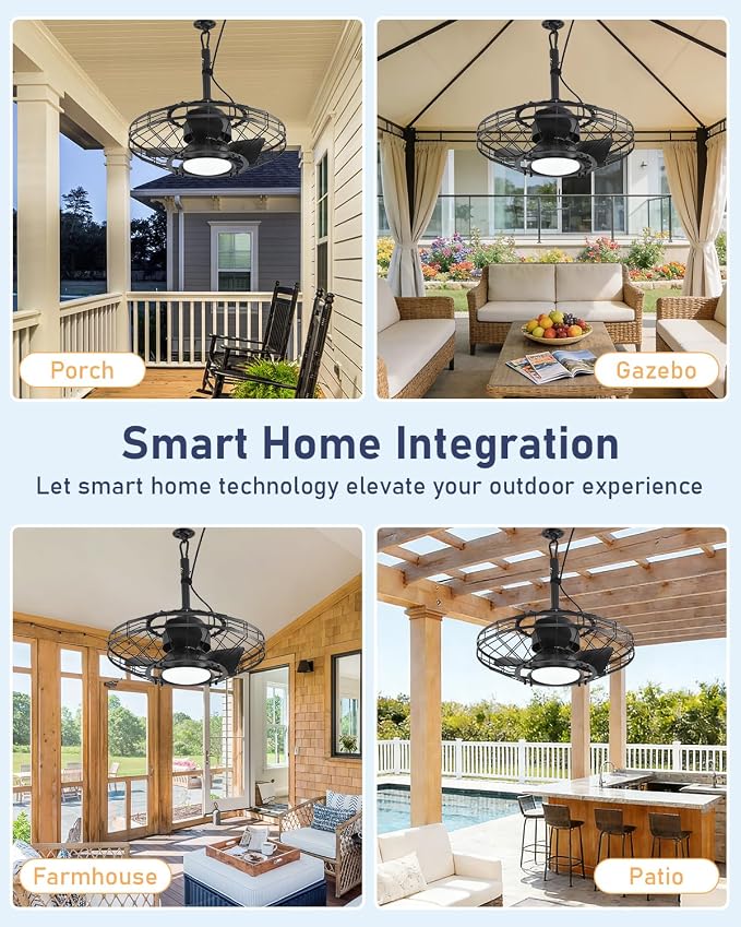 20" Outdoor Ceiling Fan with Light,Waterproof Gazebo Fan with Hanging Hook,6-Speed Reversible Motor,Memory 3CCT,Plug-in Caged