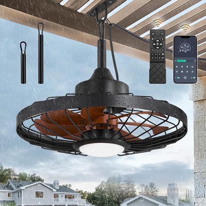 20" Outdoor Ceiling Fan with Lights,IP65 Waterproof Gazebo Hanging Fan with Remote Control Smart App, Plug in Caged Ceiling