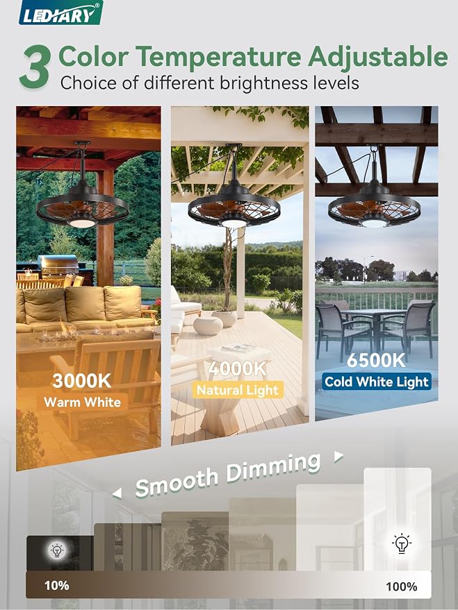 20" Outdoor Ceiling Fan with Lights,IP65 Waterproof Gazebo Hanging Fan with Remote Control Smart App, Plug in Caged Ceiling