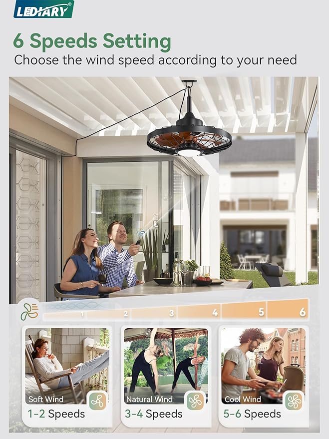 20" Outdoor Ceiling Fan with Lights,IP65 Waterproof Gazebo Hanging Fan with Remote Control Smart App, Plug in Caged Ceiling