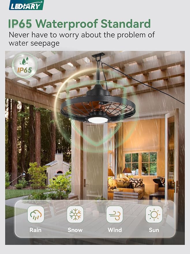 20" Outdoor Ceiling Fan with Lights,IP65 Waterproof Gazebo Hanging Fan with Remote Control Smart App, Plug in Caged Ceiling
