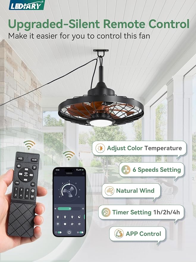 20" Outdoor Ceiling Fan with Lights,IP65 Waterproof Gazebo Hanging Fan with Remote Control Smart App, Plug in Caged Ceiling