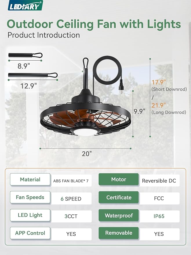 20" Outdoor Ceiling Fan with Lights,IP65 Waterproof Gazebo Hanging Fan with Remote Control Smart App, Plug in Caged Ceiling