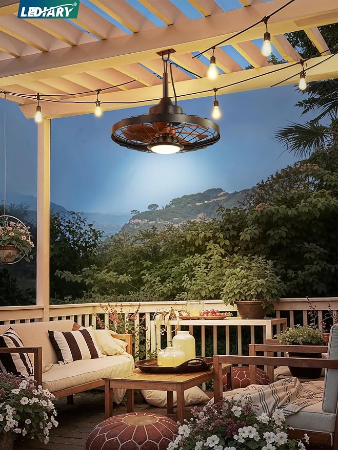 20" Outdoor Ceiling Fan with Lights,IP65 Waterproof Gazebo Hanging Fan with Remote Control Smart App, Plug in Caged Ceiling