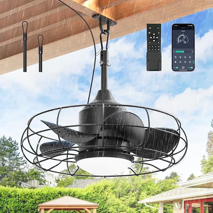 20" Outdoor Ceiling Fan with Lights,IP65 Waterproof Gazebo Hanging Fan with Remote Control Smart App, Plug in Caged Ceiling