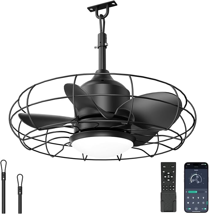 20" Outdoor Ceiling Fan with Lights,IP65 Waterproof Gazebo Hanging Fan with Remote Control Smart App, Plug in Caged Ceiling