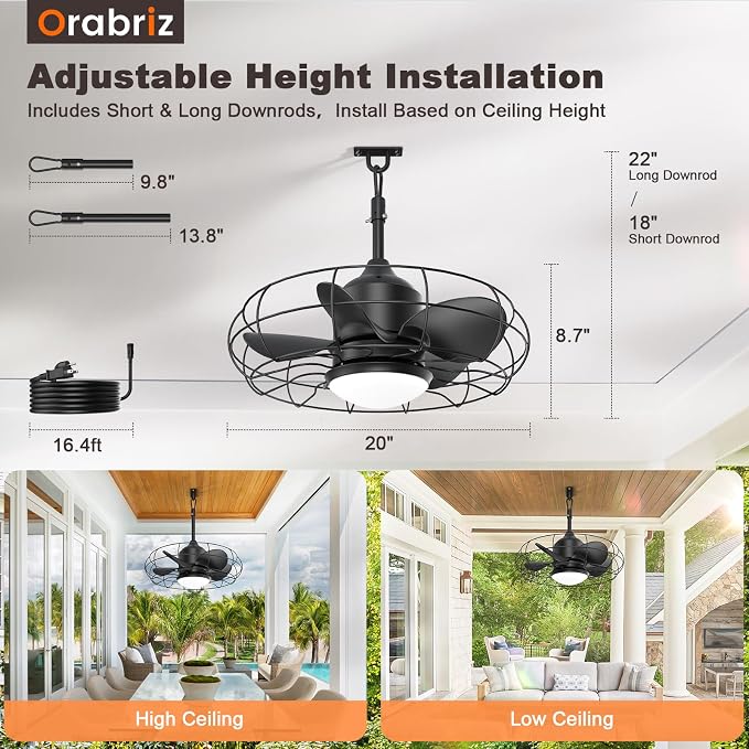 20" Outdoor Ceiling Fan with Lights,IP65 Waterproof Gazebo Hanging Fan with Remote Control Smart App, Plug in Caged Ceiling