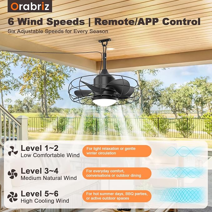 20" Outdoor Ceiling Fan with Lights,IP65 Waterproof Gazebo Hanging Fan with Remote Control Smart App, Plug in Caged Ceiling