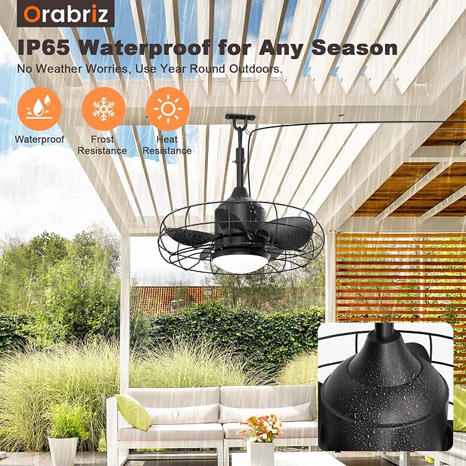 20" Outdoor Ceiling Fan with Lights,IP65 Waterproof Gazebo Hanging Fan with Remote Control Smart App, Plug in Caged Ceiling