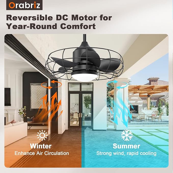20" Outdoor Ceiling Fan with Lights,IP65 Waterproof Gazebo Hanging Fan with Remote Control Smart App, Plug in Caged Ceiling