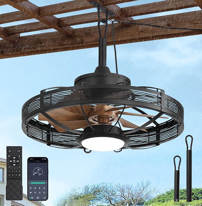 20" Outdoor Ceiling Fan with Lights, IP65 Waterproof Gazebo Fan, Plug-in Outdoor Hanging Fan Remote&APP Control, 6 Speeds