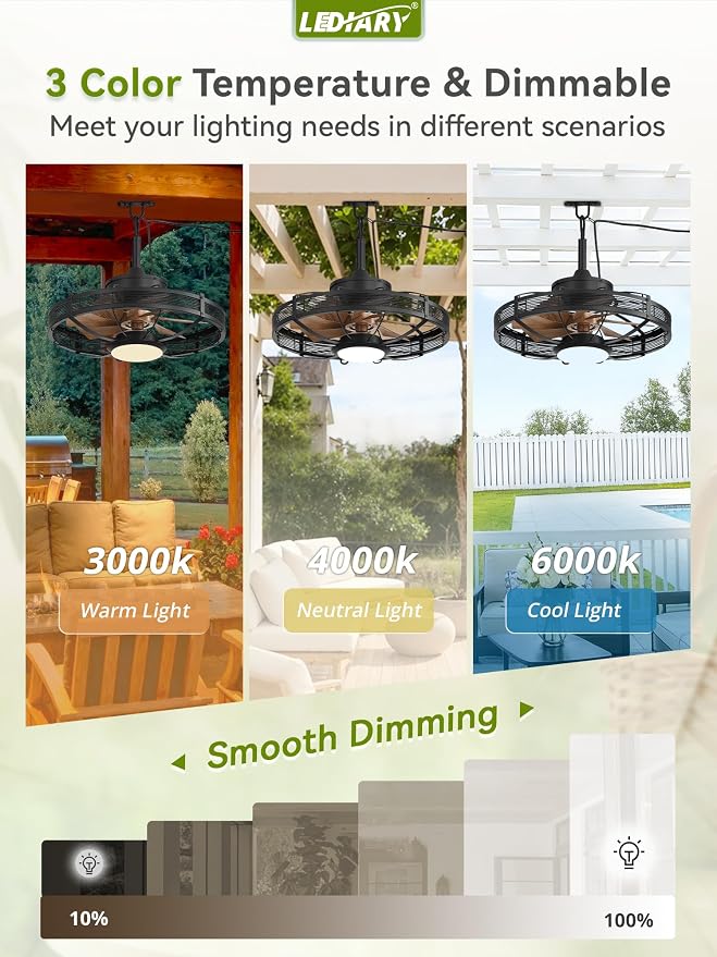20" Outdoor Ceiling Fan with Lights, IP65 Waterproof Gazebo Fan, Plug-in Outdoor Hanging Fan Remote&APP Control, 6 Speeds