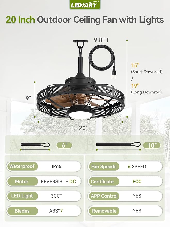 20" Outdoor Ceiling Fan with Lights, IP65 Waterproof Gazebo Fan, Plug-in Outdoor Hanging Fan Remote&APP Control, 6 Speeds