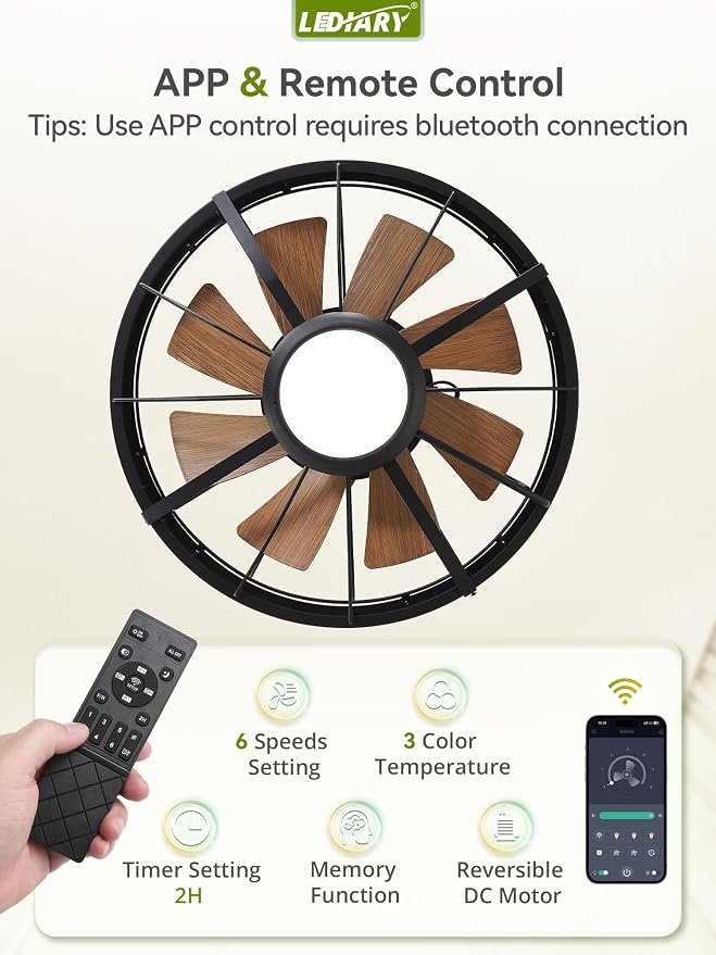 20" Outdoor Ceiling Fan with Lights, IP65 Waterproof Gazebo Fan, Plug-in Outdoor Hanging Fan Remote&APP Control, 6 Speeds
