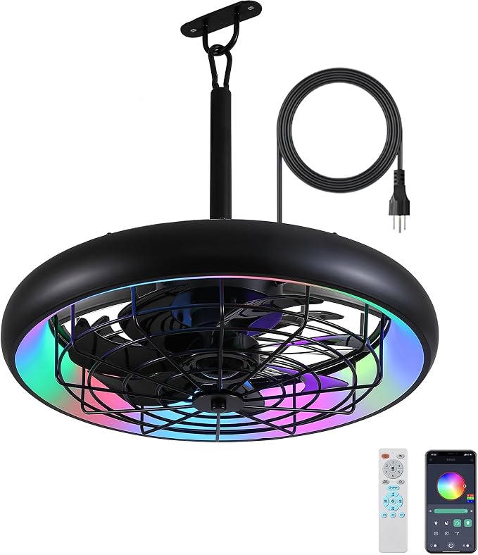 20" Outdoor Ceiling Fan with Lights,RGB & 3CCT Dimmable,6 Speed Hanging Gazebo Fan,IP65 Waterproof Plug-in Black Caged