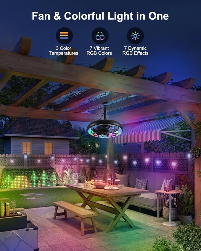 20" Outdoor Ceiling Fan with Lights,RGB & 3CCT Dimmable,6 Speed Hanging Gazebo Fan,IP65 Waterproof Plug-in Black Caged