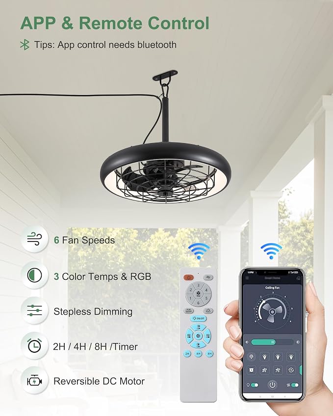 20" Outdoor Ceiling Fan with Lights,RGB & 3CCT Dimmable,6 Speed Hanging Gazebo Fan,IP65 Waterproof Plug-in Black Caged