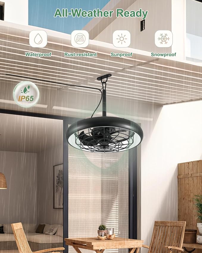 20" Outdoor Ceiling Fan with Lights,RGB & 3CCT Dimmable,6 Speed Hanging Gazebo Fan,IP65 Waterproof Plug-in Black Caged