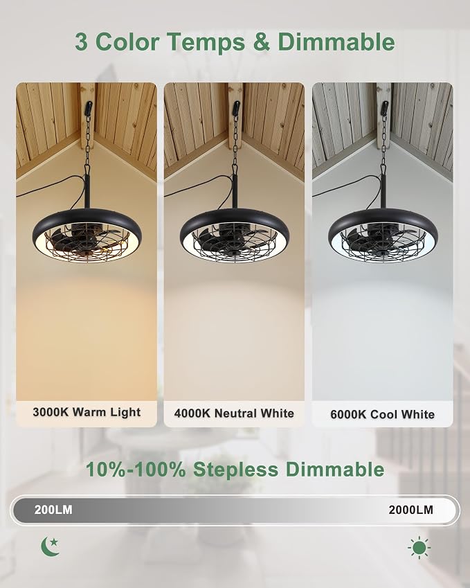 20" Outdoor Ceiling Fan with Lights,RGB & 3CCT Dimmable,6 Speed Hanging Gazebo Fan,IP65 Waterproof Plug-in Black Caged