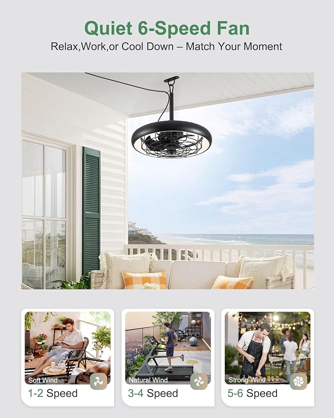 20" Outdoor Ceiling Fan with Lights,RGB & 3CCT Dimmable,6 Speed Hanging Gazebo Fan,IP65 Waterproof Plug-in Black Caged