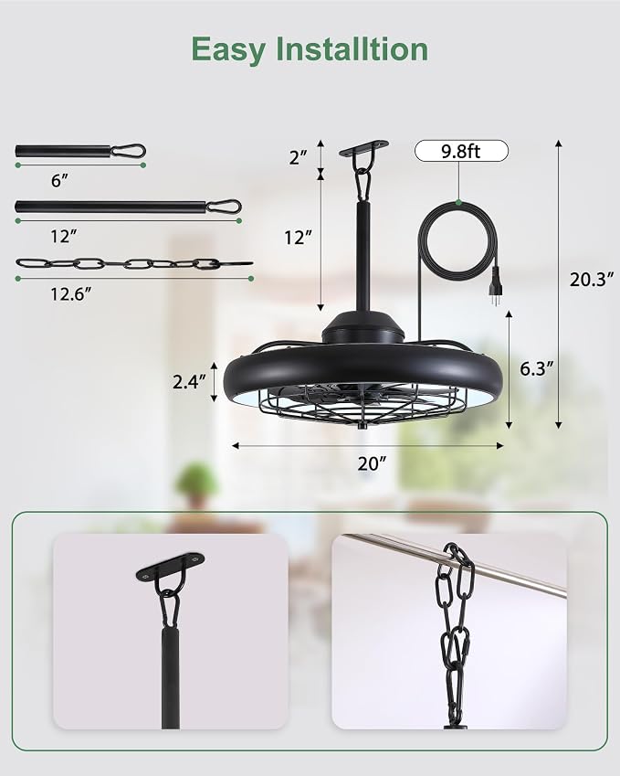 20" Outdoor Ceiling Fan with Lights,RGB & 3CCT Dimmable,6 Speed Hanging Gazebo Fan,IP65 Waterproof Plug-in Black Caged