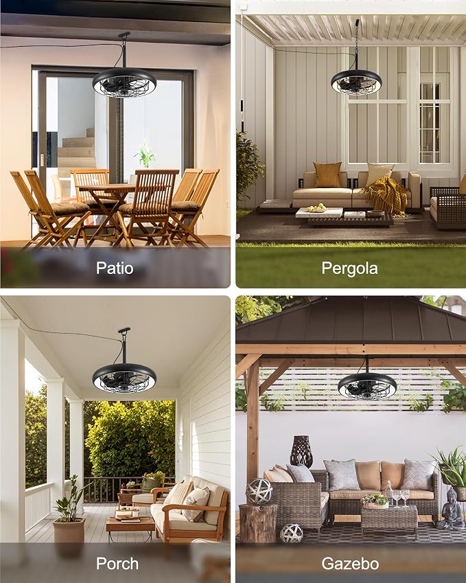 20" Outdoor Ceiling Fan with Lights,RGB & 3CCT Dimmable,6 Speed Hanging Gazebo Fan,IP65 Waterproof Plug-in Black Caged