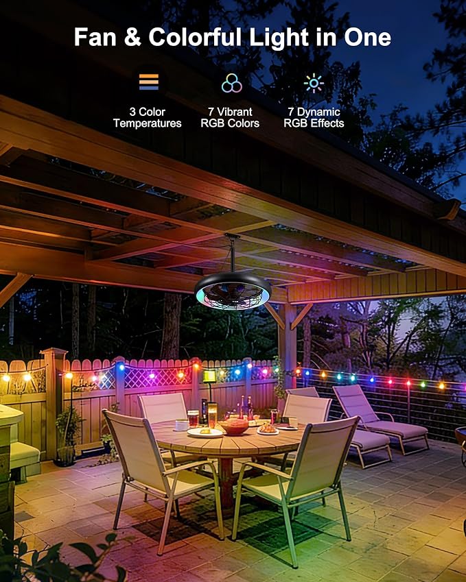 20" Outdoor Ceiling Fan with Lights, RGB & 3CCT Dimmable, 6 Speed Hanging Gazebo Fan, IP65 Waterproof Plug-in Black Caged