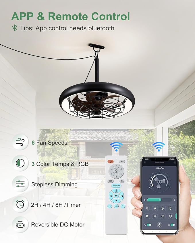 20" Outdoor Ceiling Fan with Lights, RGB & 3CCT Dimmable, 6 Speed Hanging Gazebo Fan, IP65 Waterproof Plug-in Black Caged