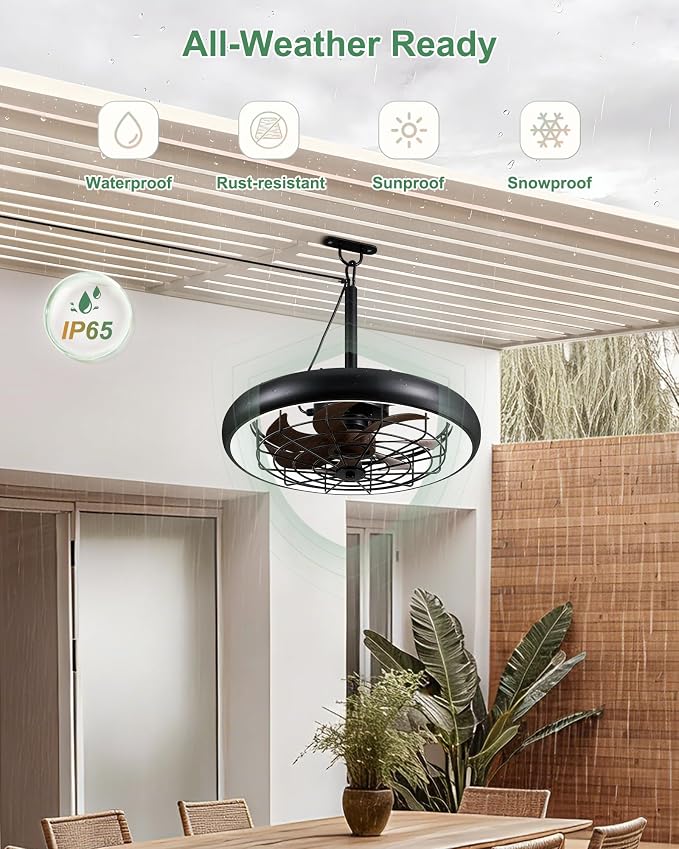 20" Outdoor Ceiling Fan with Lights, RGB & 3CCT Dimmable, 6 Speed Hanging Gazebo Fan, IP65 Waterproof Plug-in Black Caged