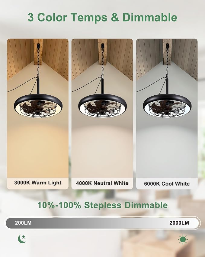 20" Outdoor Ceiling Fan with Lights, RGB & 3CCT Dimmable, 6 Speed Hanging Gazebo Fan, IP65 Waterproof Plug-in Black Caged