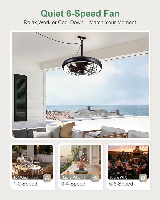 20" Outdoor Ceiling Fan with Lights, RGB & 3CCT Dimmable, 6 Speed Hanging Gazebo Fan, IP65 Waterproof Plug-in Black Caged
