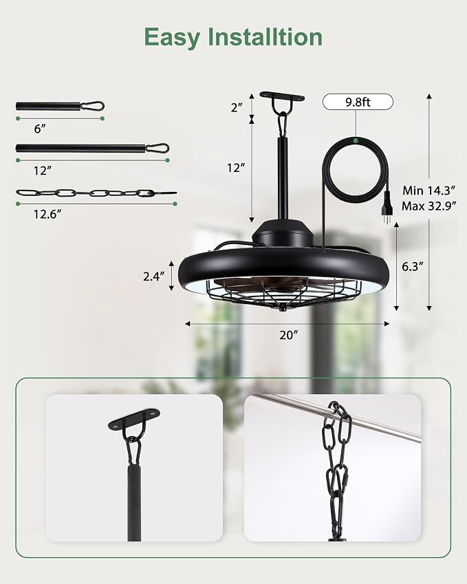 20" Outdoor Ceiling Fan with Lights, RGB & 3CCT Dimmable, 6 Speed Hanging Gazebo Fan, IP65 Waterproof Plug-in Black Caged