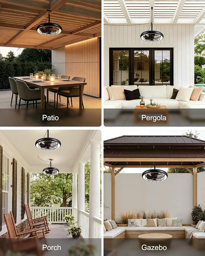 20" Outdoor Ceiling Fan with Lights, RGB & 3CCT Dimmable, 6 Speed Hanging Gazebo Fan, IP65 Waterproof Plug-in Black Caged