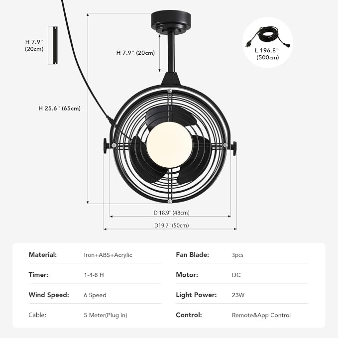 20" Outdoor Ceiling Fan with Lights, Waterproof Gazebo Hanging Fan with Remote Control, Plug in Caged Ceiling Fan with 3CCT