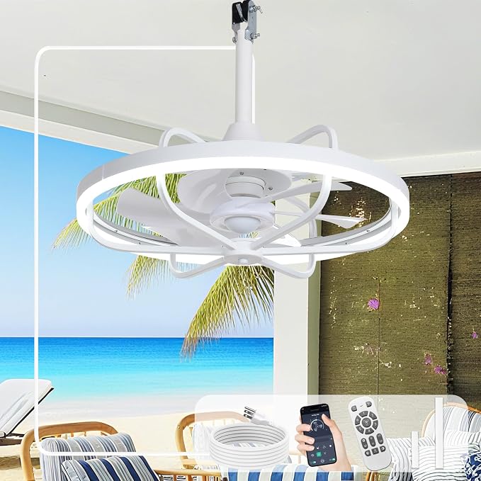 20" Outdoor Ceiling Fan with Lights, White Waterproof Gazebo Hanging Fan with Remote App Control, Dimmable Plug in Caged
