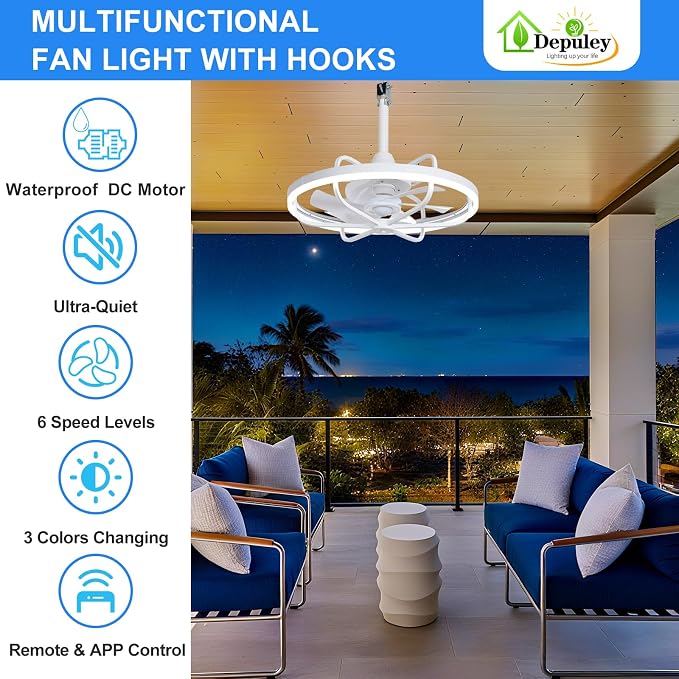 20" Outdoor Ceiling Fan with Lights, White Waterproof Gazebo Hanging Fan with Remote App Control, Dimmable Plug in Caged