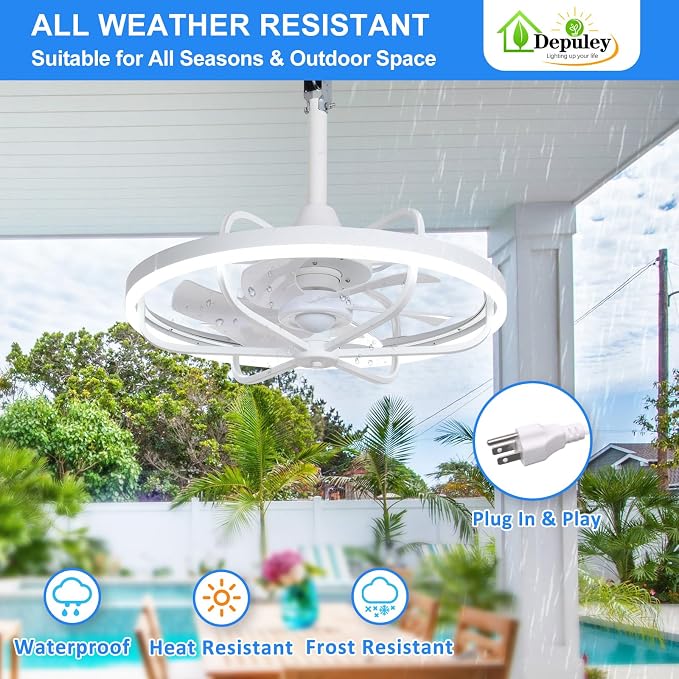 20" Outdoor Ceiling Fan with Lights, White Waterproof Gazebo Hanging Fan with Remote App Control, Dimmable Plug in Caged
