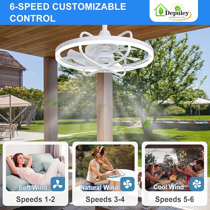 20" Outdoor Ceiling Fan with Lights, White Waterproof Gazebo Hanging Fan with Remote App Control, Dimmable Plug in Caged