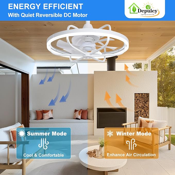 20" Outdoor Ceiling Fan with Lights, White Waterproof Gazebo Hanging Fan with Remote App Control, Dimmable Plug in Caged