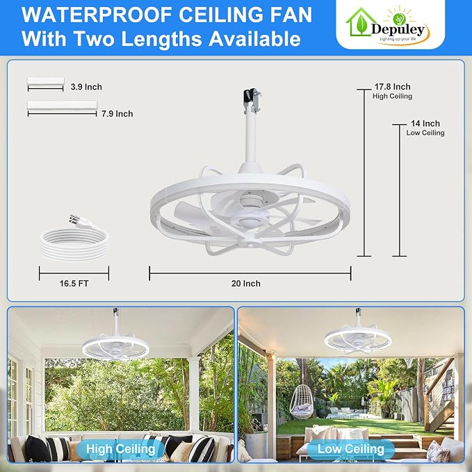 20" Outdoor Ceiling Fan with Lights, White Waterproof Gazebo Hanging Fan with Remote App Control, Dimmable Plug in Caged